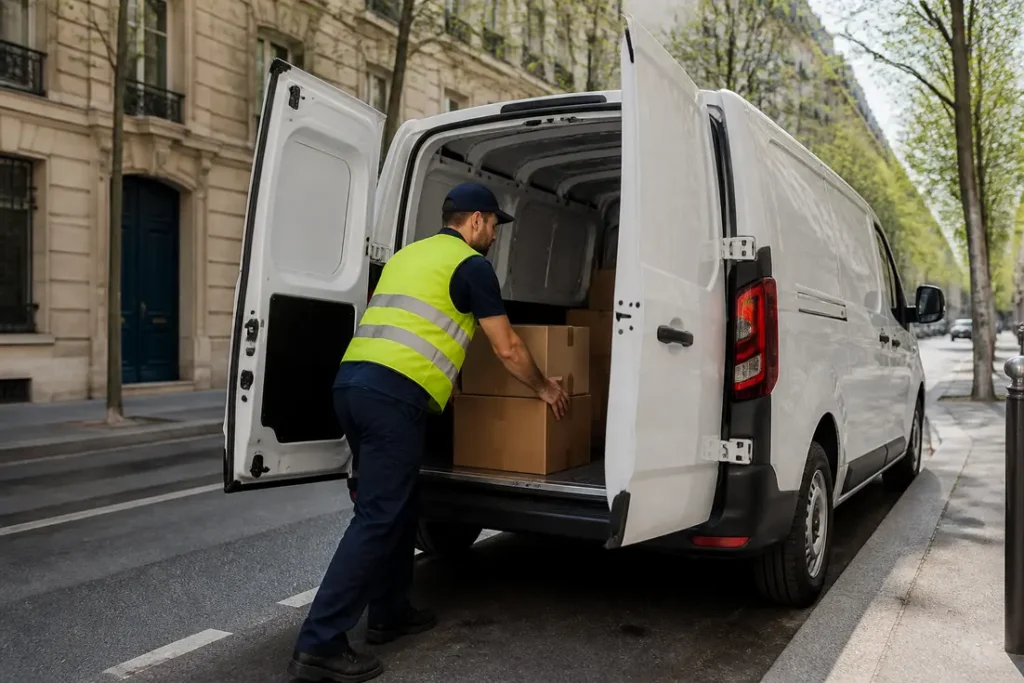 Maxus utilitaires : que vaut la marque chinoise de SAIC ? Un livreur charge des colis dans un grand van Maxus constructeur utilitaires garé en ville.