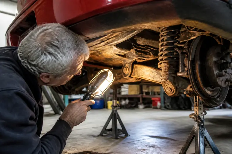 Inspection d'un bras oscillant arrière rouillé sur une Talbot-Matra Murena levée sur chandelles