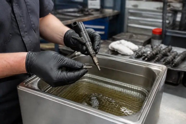 Technicien préparant le nettoyage aux ultrasons d'un injecteur diesel démonté en atelier.