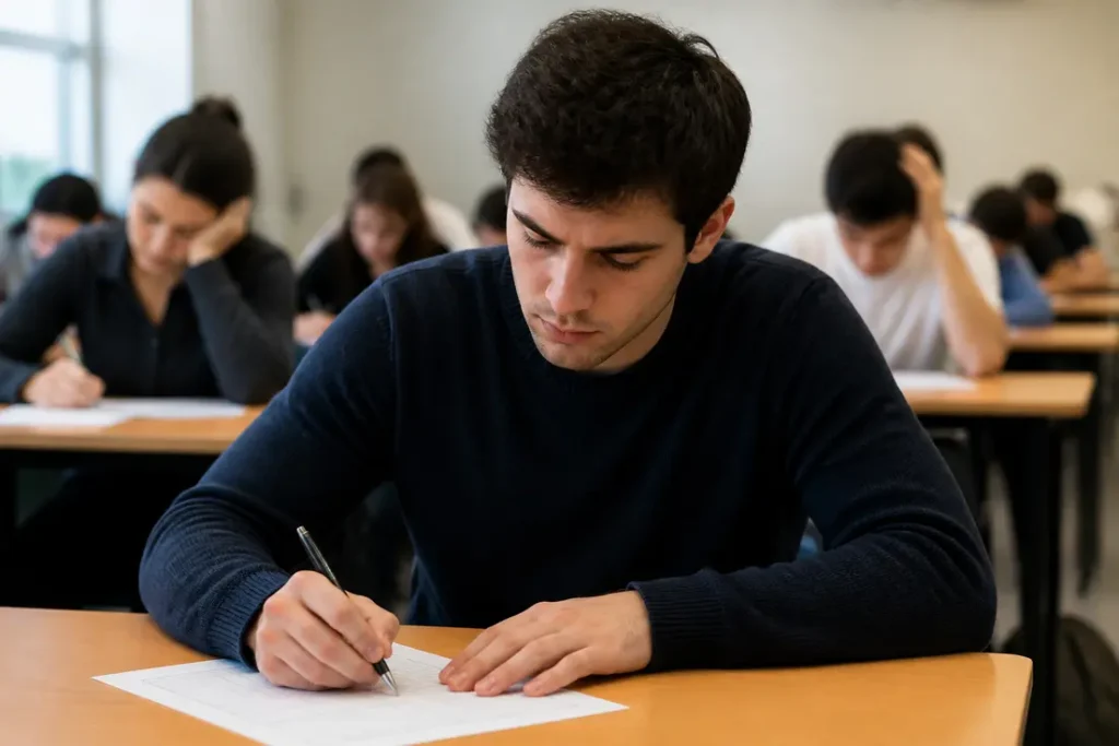 Candidat concentré sur un questionnaire papier lors d'une session de préparation code en ligne en centre d'examen