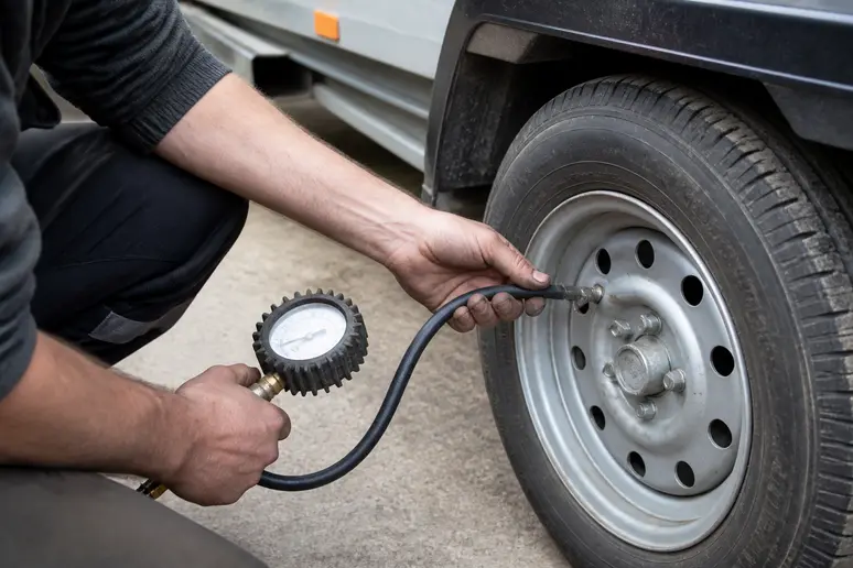 Contrôle de la pression recommandée pneu 135 80r13 remorque à l'aide d'un manomètre portatif.