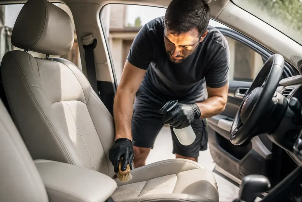 personne nettoyant l'intérieur d'un véhicule avec une recette grand mère nettoyer siège voiture efficace