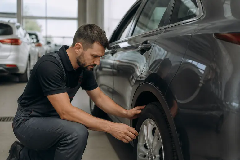 Expert automobile inspectant la carrosserie d'une voiture lors d'une estimation pour une reprise auto