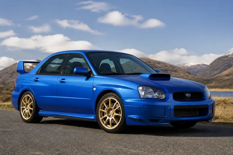 Profil avant d'une Subaru Impreza WRX STI génération Hawkeye bleue avec ses jantes dorées emblématiques