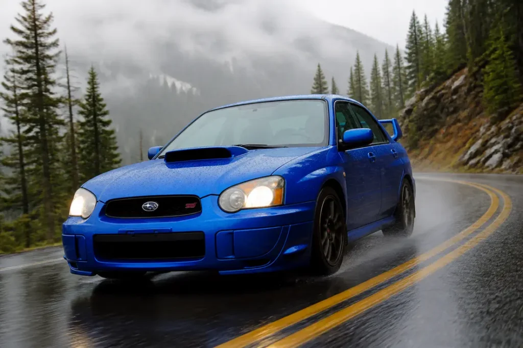 Subaru Impreza WRX STI : du mythe en rallye au bloc EJ25 Subaru Impreza WRX STI icône rallye sur une route de montagne sinueuse et humide