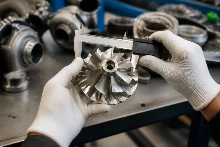 Mesure au pied à coulisse de la roue de compresseur forgée d'un turbo hybride