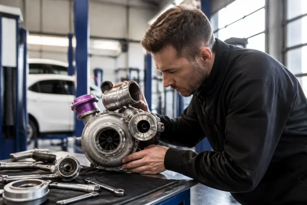 Mécanicien inspectant un fonctionnement turbo hybride dans un atelier de réparation automobile bien éclairé