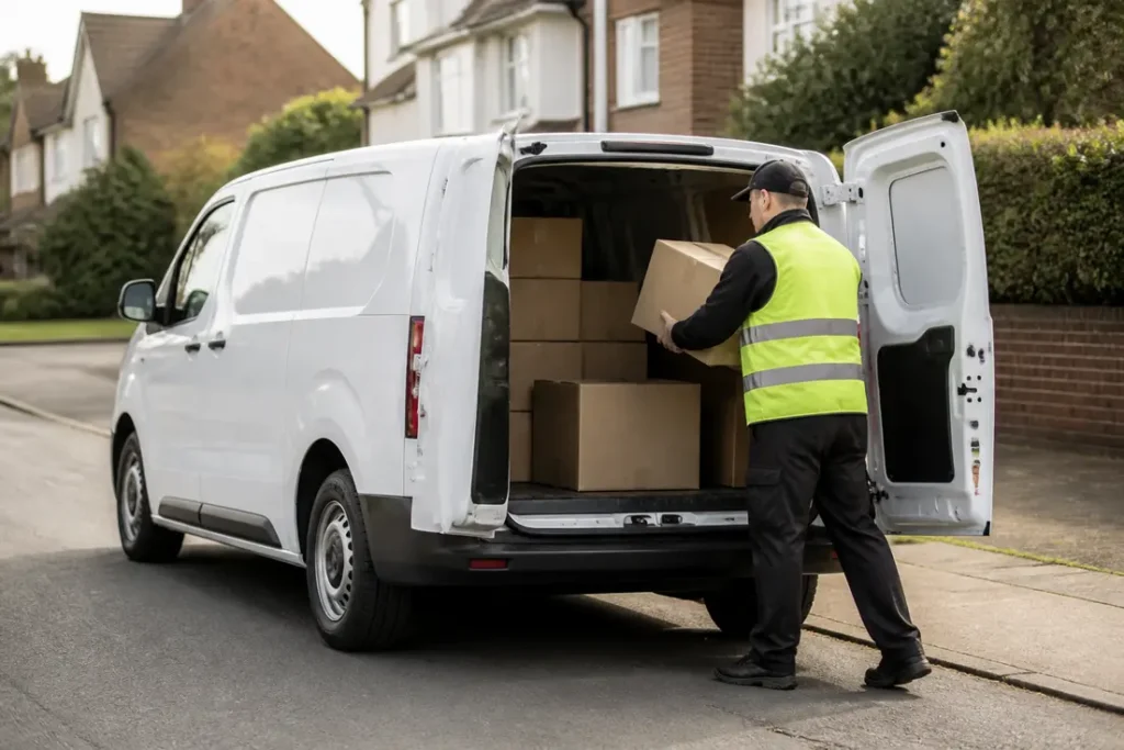 Un agent charge des cartons à l'arrière d'un utilitaire Toyota Proace stationné en zone urbaine
