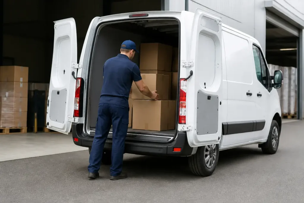 Un livreur charge des colis dans le coffre pour comparer les dimensions mercedes vito en situation réelle.
