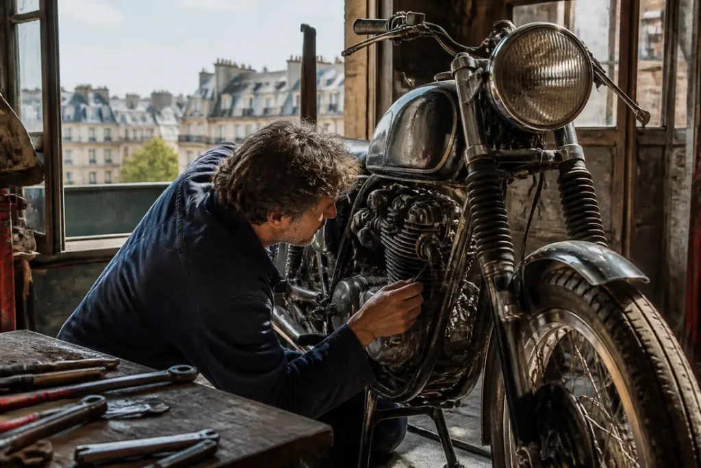 Un mécanicien inspecte une moto 125cc harley-davidson-motorcycle ancienne dans un atelier baigné de lumière naturelle.