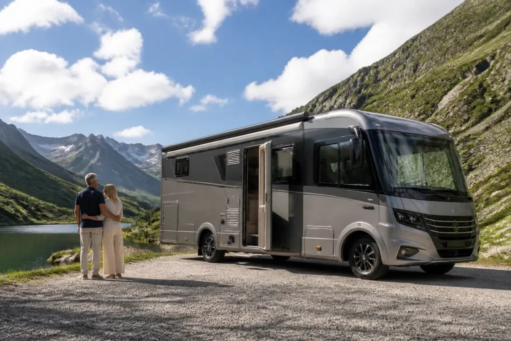 Un camping-car haut de gamme garé en pleine nature pour justifier prix camping-car de luxe.