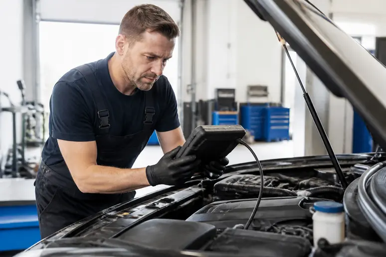 Mécanicien réalisant un diagnostic électronique sur un moteur de voiture dans un atelier de mécanique