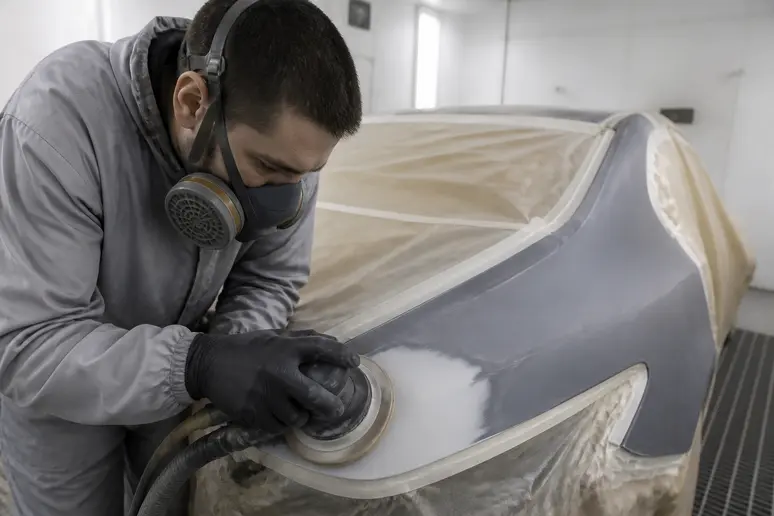 Carrossier préparant un panneau de carrosserie pour une application de peinture en cabine