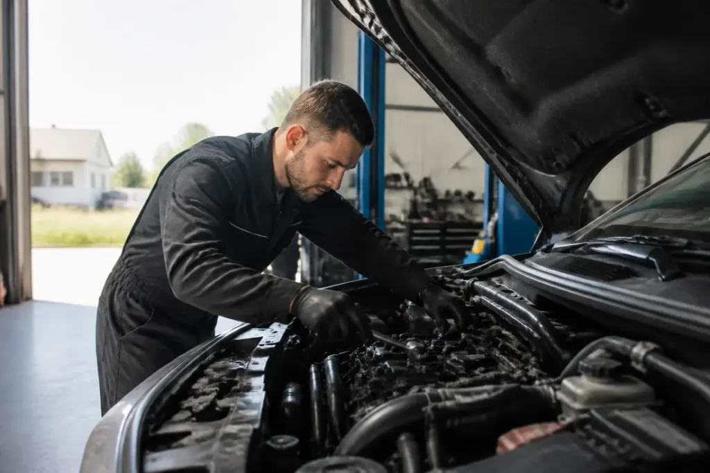 Mécanicien en train de travailler sur le moteur d'une voiture dans le cadre des services de flash auto gerzat