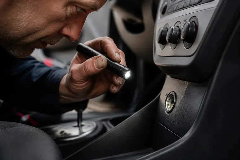 Inspection minutieuse de l'intérieur d'une prise allume-cigare pour repérer un court-circuit.
