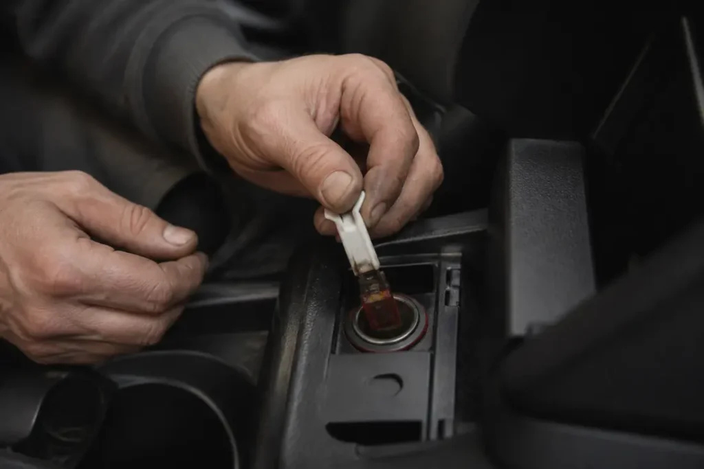 Fusible allume-cigare qui grille : à vide ou avec chargeur ? Un mécanicien remplace un fusible allume cigare grille dans le tableau de bord d'une voiture.