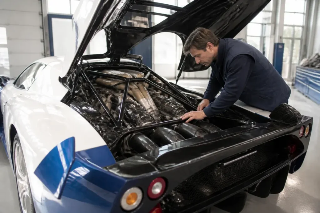 Conseils achat Maserati MC12 : Stradale, embrayage et cote Conseils achat Maserati MC12 dans un atelier spécialisé lors d'une inspection mécanique
