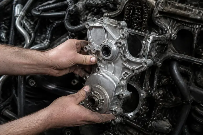 Examen visuel du carter de distribution en aluminium d'un moteur tsi à éviter sous le capot.