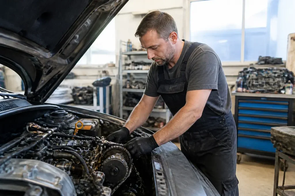 Un mécanicien inspecte la chaîne de distribution dans un atelier automobile lumineux pour identifier un moteur tsi à éviter