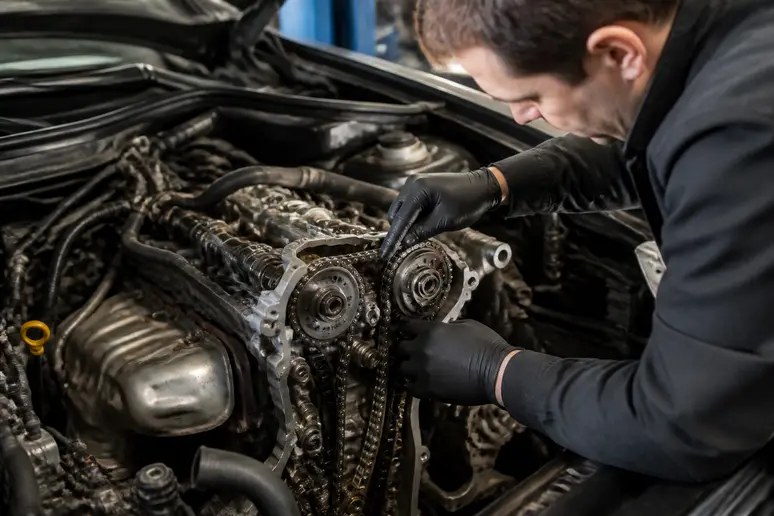 Mécanicien inspectant la chaîne métallique d'un moteur essence robuste sous le capot