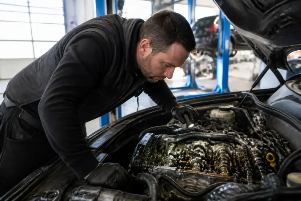Un mécanicien inspecte le compartiment moteur d'une voiture dans un atelier pour identifier des moteurs essence fiables.