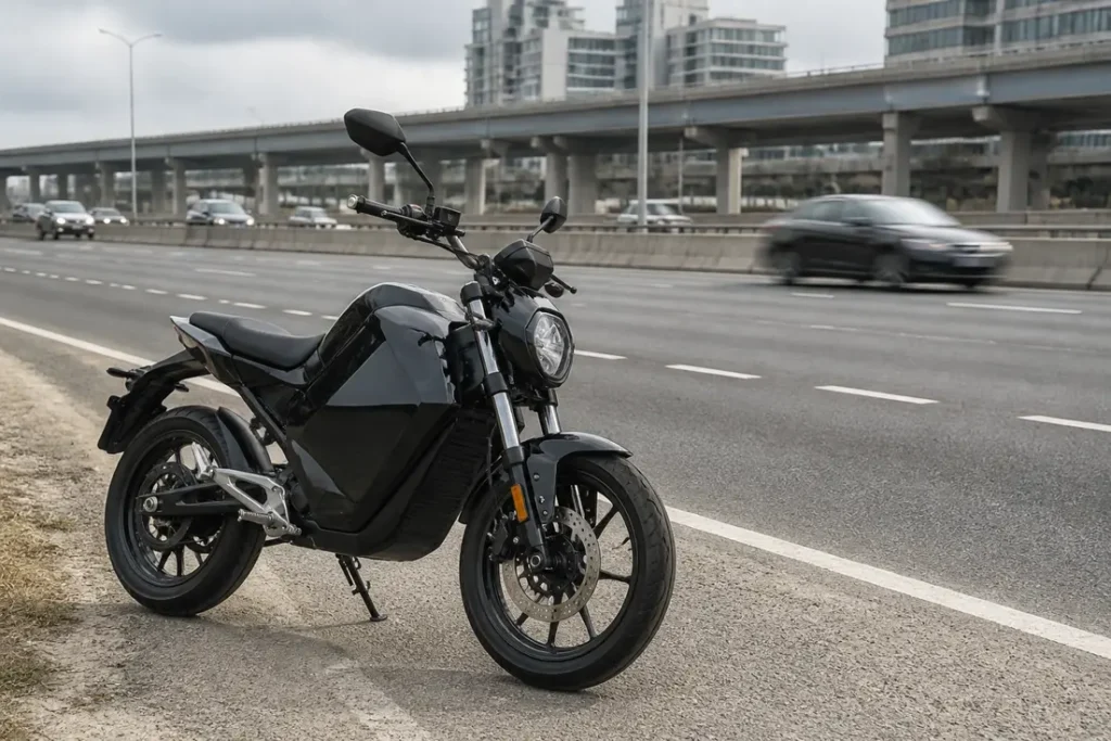 Une moto-125-electrique moderne arrêtée sur le bas-côté d'une voie rapide en journée.