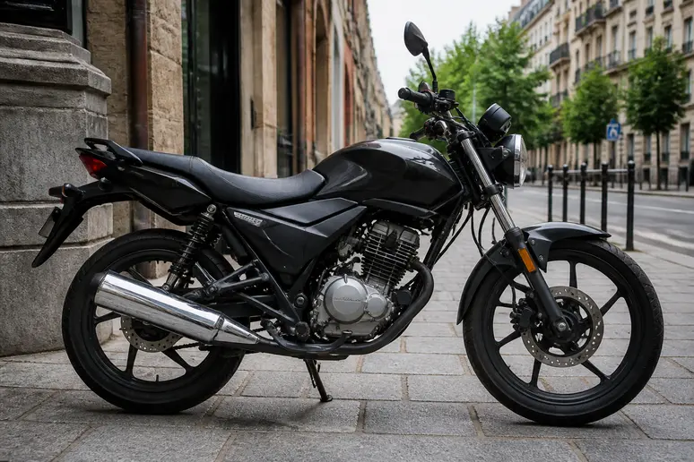 Moto 125 garée le long d'un trottoir en ville montrant son gabarit compact