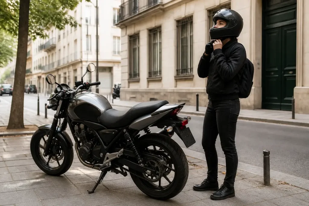 Jeune conducteur ajustant son casque près de sa moto-125-prix en ville