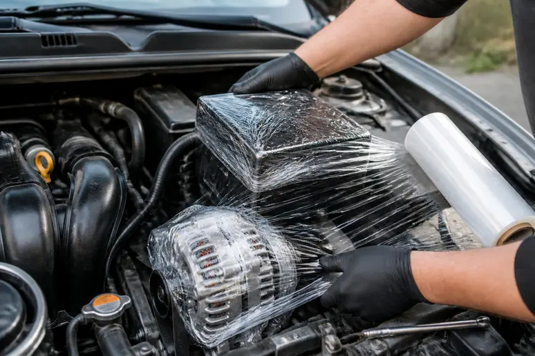 Emballage étanche des composants électriques sensibles dans le compartiment moteur avant le nettoyage.