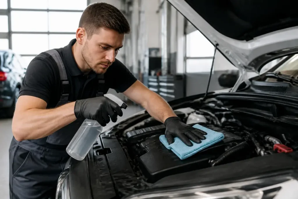 Comment nettoyer le moteur : au Kärcher ou sans eau ? Mécanicien nettoyant soigneusement le compartiment moteur d'une voiture avec un chiffon microfibre et un produit adapté.