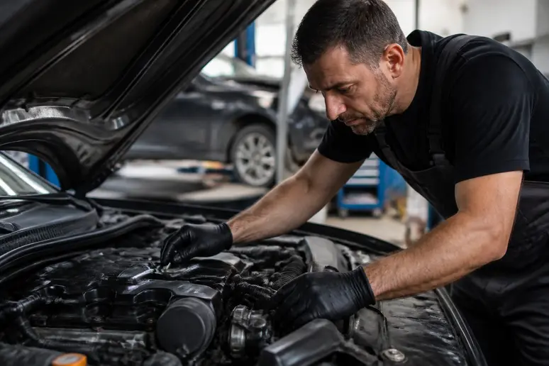 Mécanicien inspectant le compartiment moteur d'une Porsche d'occasion importée d'Allemagne