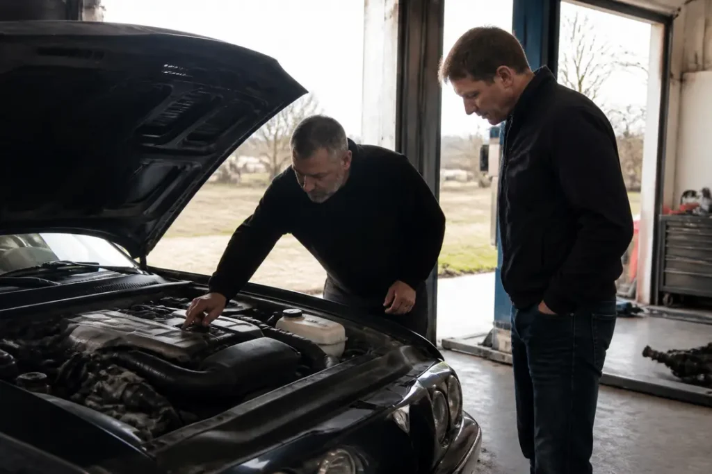 Un mécanicien et un passionné inspectent le moteur pour acheter voiture collection 20 ans dans un garage.