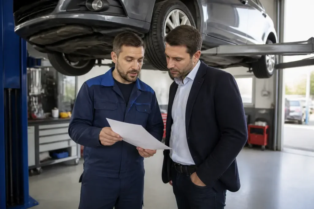 Un mécanicien discute d'un devis d'entretien dans un atelier de réparation avec un comparateur garage auto